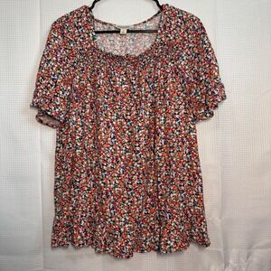 Destination Maternity Floral Top S Multicolor Smocked Neckline Peplum Hem